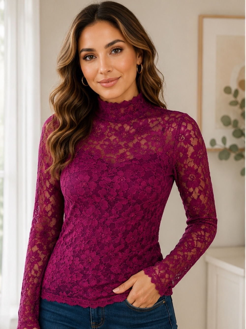 brand: international concepts, size: L, cherry-colored lace blouse.